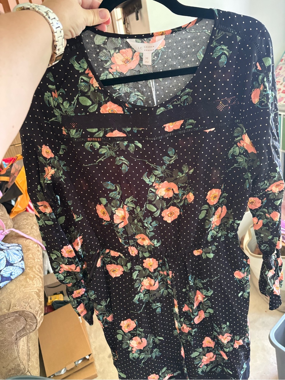 LC Lauren Conrad Black Floral & Polka Dot Long-Sleeve Tunic